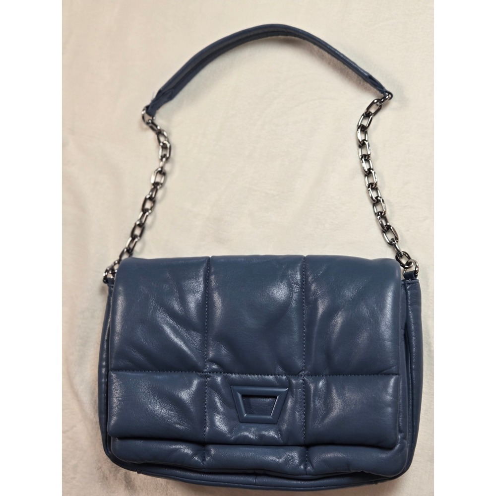 Zara Blue Quilted Puffer Shoulder Bag Gunmetal Chain Strap Minimalist Small